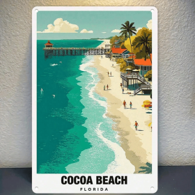 CIFbuy 1pc Retro Cocoa Beach Florida Metal Tin Sign, Vibrant Coastal Paradise Travel Poster Wall Art, Durable Iron Home Decor TikTok, TikTok