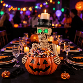 Halloween Resin Skeleton Figurine Candy Dish, Glowing Green Eye Design, Decorative Treat Bowl and Flameless Candle Display Holder for Entryway, M