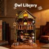3d wooden puzzle for adults Owl Library book nook with lights model kit dollhouse DIY miniature house Birthday and Christmas gifts