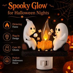 Ghost Campfire Night Light, Plug-in Wall Flickering Flame Nightlight, Halloween 3D Cute Spooky Marshmallow Ghost Decoration for Bedroom