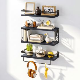 Floating Shelves for Wall Set of 3, Black Wall Mounted Shelves with Metal Guardrail, Towel Bar and Leaf Design Wire Storage Basket