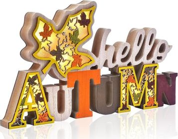 Hello Autumn Lighted Wooden Table Sign, 3D Fall Table Decor with Maple Leaf Cutouts, Rustic Thanksgiving Decorations for Home Office