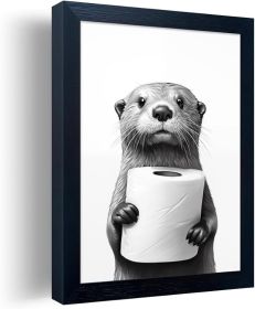 Bathroom Picture Wall Decor, Framed Black and White Bathroom Wall Art, Toilet Paper in Little Funny Raccoon's Hand Canvas Print Painting