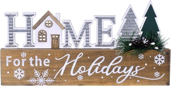 Wooden Christmas Sign Blocks, HOME for the Holiday Quote Table Decor, Xmas Centerpiece Block Sign with Snowflake & Pine Tree