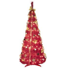 Artificial 6ft Red Pop Up Christmas Tree with 150 lights,4 ribbons,1 large bow,12 Christmas flowers,12 snowflakes,12 pine cones