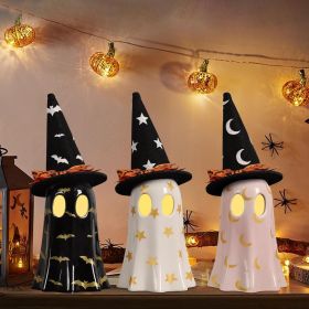 Halloween Decor Indoor, Set of 3 Ceramic Ghosts with Witch Hats, Cute Spooky Ghost Figurines for Mantel, Shelf & Tabletop Decor, Halloween Decora