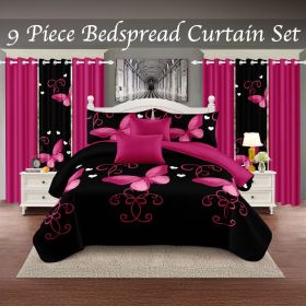 9-Piece Purple And Black Butterfly Bedspread And Curtain Set, Reversible Microfiber Bedding Set For California King (Option: California King)