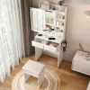Small Makeup Vanity Desk with Mirror & Adjustable LED Lights,Built-in Power Outlet & Hidden Storage, Includes padded stool & Shelf,Space-Saving D