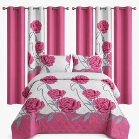 9-Piece Pink And White Rose Bedspread And Curtain Set For Queen And King (Option: King)