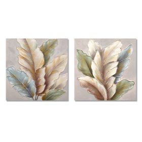 24x24 Set of 2 Botanical Leaf Wall Art, Neutral Antique White & Green Textured Canvas Painting with Gold Accents, Framed Decor for Living Room Be (Option: Green Leaf)