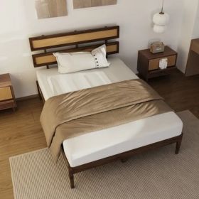Dark walnut wood painted finish + rattan and pine wood double headboard full size wooden bed, Bohemian style (Option: default title)