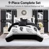9-Piece Black And White Feather Bedspread And Curtain Set, Reversible Microfiber Bedding Set For King And California King