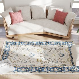 Machine Washable Area Rug 4x6, Non-Slip Boho Floral Print Floor Carpet For Living Room, Bedroom, Dining Room, Blue (Option: Blue)