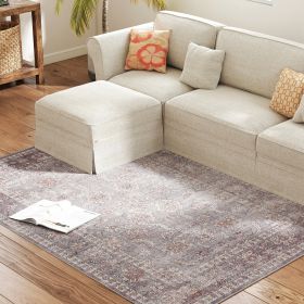Machine Washable Area Rug 4x6, Non-Slip Traditional Flower Print Floor Carpet For Living Room, Bedroom, Grey And Brown (Option: Brown)