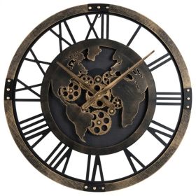 Brown Gear Wall Clock with World Map, 27" Large Non-Ticking Quartz Movement Decorative Home Clock (Option: default title)