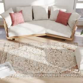 Area Rug 4x6, Machine Washable Rug, Non-Slip Classical Floral Print Floor Carpet For Living Room, Bedroom, Mixed-Brown (Option: Brown)