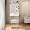 Small Makeup Vanity Desk with Mirror & Adjustable LED Lights,Built-in Power Outlet & Hidden Storage, Includes padded stool & Shelf,Space-Saving D