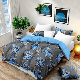 9-Piece Gray And Sapphire Floral Bedspread And Curtain Set, Reversible Microfiber Bedding Set For King And California King (Option: California King)