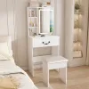 Modern Mini Dressing Table with LED-lit Mirror & Hidden Storage,Includes Padded Stool,Adjustable Brightness Vanity Desk,Multi-tier Dust-proof She