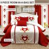 9-Piece Red Embroidered Bedspread And Curtain Set For Twin