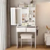 Small Makeup Vanity Desk with Mirror & Adjustable LED Lights,Built-in Power Outlet & Hidden Storage, Includes padded stool & Shelf,Space-Saving D