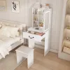 Modern Mini Dressing Table with LED-lit Mirror & Hidden Storage,Includes Padded Stool,Adjustable Brightness Vanity Desk,Multi-tier Dust-proof She