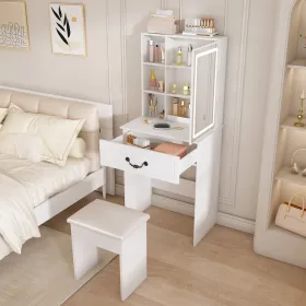 Modern Mini Dressing Table with LED-lit Mirror & Hidden Storage,Includes Padded Stool,Adjustable Brightness Vanity Desk,Multi-tier Dust-proof She (Option: default title)
