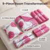 9-Piece Pink And White Rose Bedspread And Curtain Set For Queen And King
