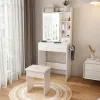 Small Makeup Vanity Desk with Mirror & Adjustable LED Lights,Built-in Power Outlet & Hidden Storage, Includes padded stool & Shelf,Space-Saving D