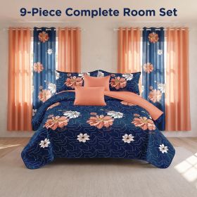 9-Piece Deep Blue And Red Floral Bedspread And Curtain Set, Reversible Microfiber Bedding Set For Queen, King And California King (Option: King)
