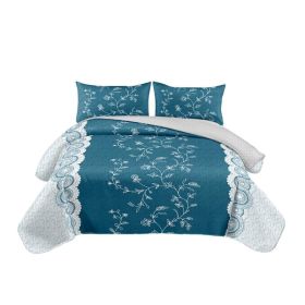 Teal Floral 3-Piece Quilt Set With 2 Matching Pillow Shams, 130 GSM Microfiber Designer Bedspread, Easy-Care Pet-Friendly Bedding (Option: Cal King)