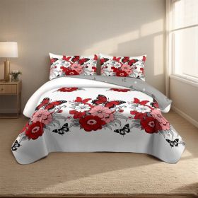 Red Floral Butterfly 4-Piece Duvet Cover Set with Fitted Sheet and 2 Pillowcases, Botanical Bedding Set for Queen, King and California King Beds (Option: California King)