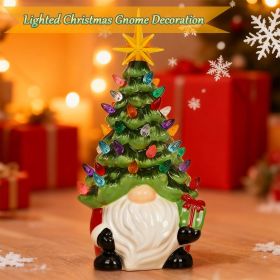 Christmas Gnome Christmas Tree, 8In Mini Ceramic Lighted Christmas Tree (Color: Green)