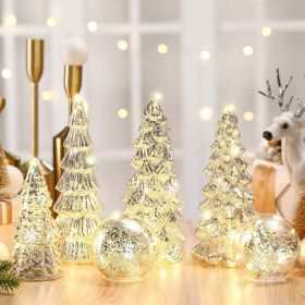 6 Pcs Mercury Glass Christmas Tree for Tabletop Light up Figurine Christmas Tree Mercury Cracked Glass Globe with Light for Xmas Decor Home Party (Color: Silver)