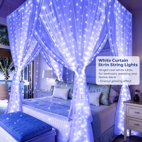USB Curtain Fairy Lights 300 LEDs, 8 Modes Remote Control Window String Lights with Hooks, 2.7M×3M Icicle Lights for Bedroom Wedding Decor (Style: Curtain lights (white light))