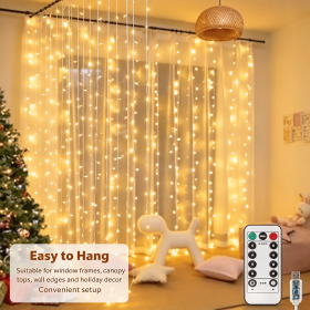USB Curtain Fairy Lights 300 LEDs, 8 Modes Remote Control Window String Lights with Hooks, 2.7M×3M Icicle Lights for Bedroom Wedding Decor (Style: Curtain lights (warm white))