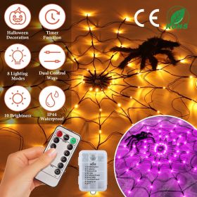 1Pc 3.28FT Spider Web Light with Hairy Spider 70LED Battery Powered Remote Control 8 Lighting Modes Glowing Outdoor Indoor Wall Halloween Decorat (Light Color: Warm Light)