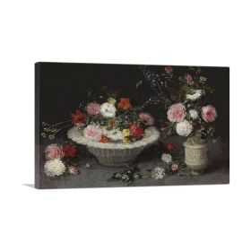 Still Life Of Roses And Other Flowers In a Bowl And a Vase (Type: Standard Framed Canvas Print, size: 40" x 26" / 100cm x 65cm (approx))
